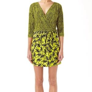 Diane Von Furstenberg Yellow and dark blue Patterned Mini Wrap Dress